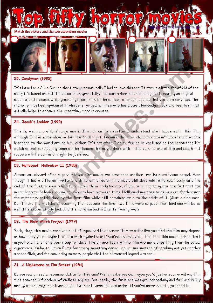 Top fifty horror movies  part 06/10  comprehension + -ing after prepositions (exercises + keys) [5 pages]*editable